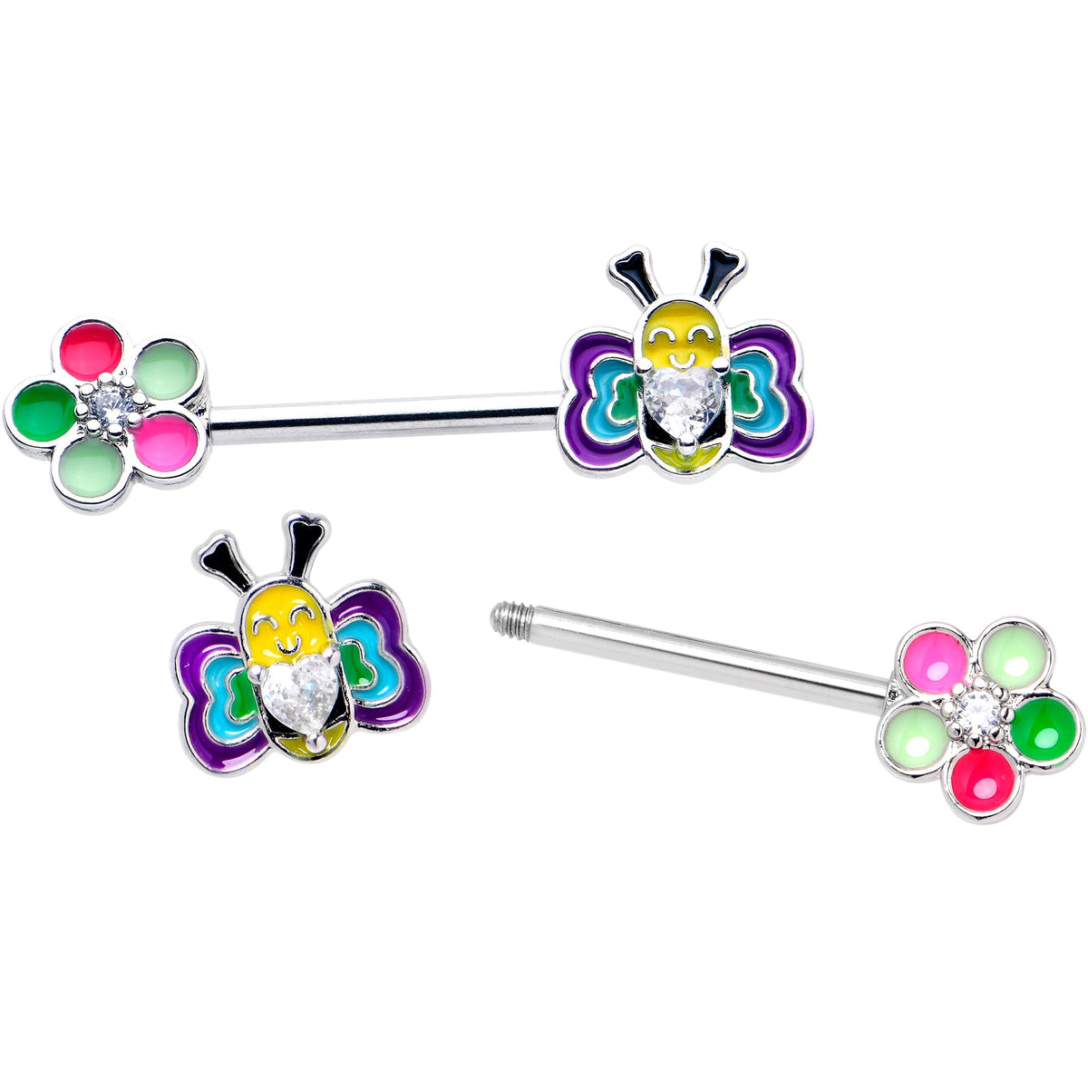 14G 9/16 Clear CZ Gem Butterfly Love Bug Barbell Nipple Ring Set