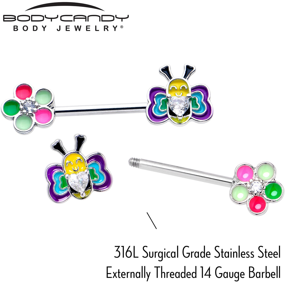 14G 9/16 Clear CZ Gem Butterfly Love Bug Barbell Nipple Ring Set