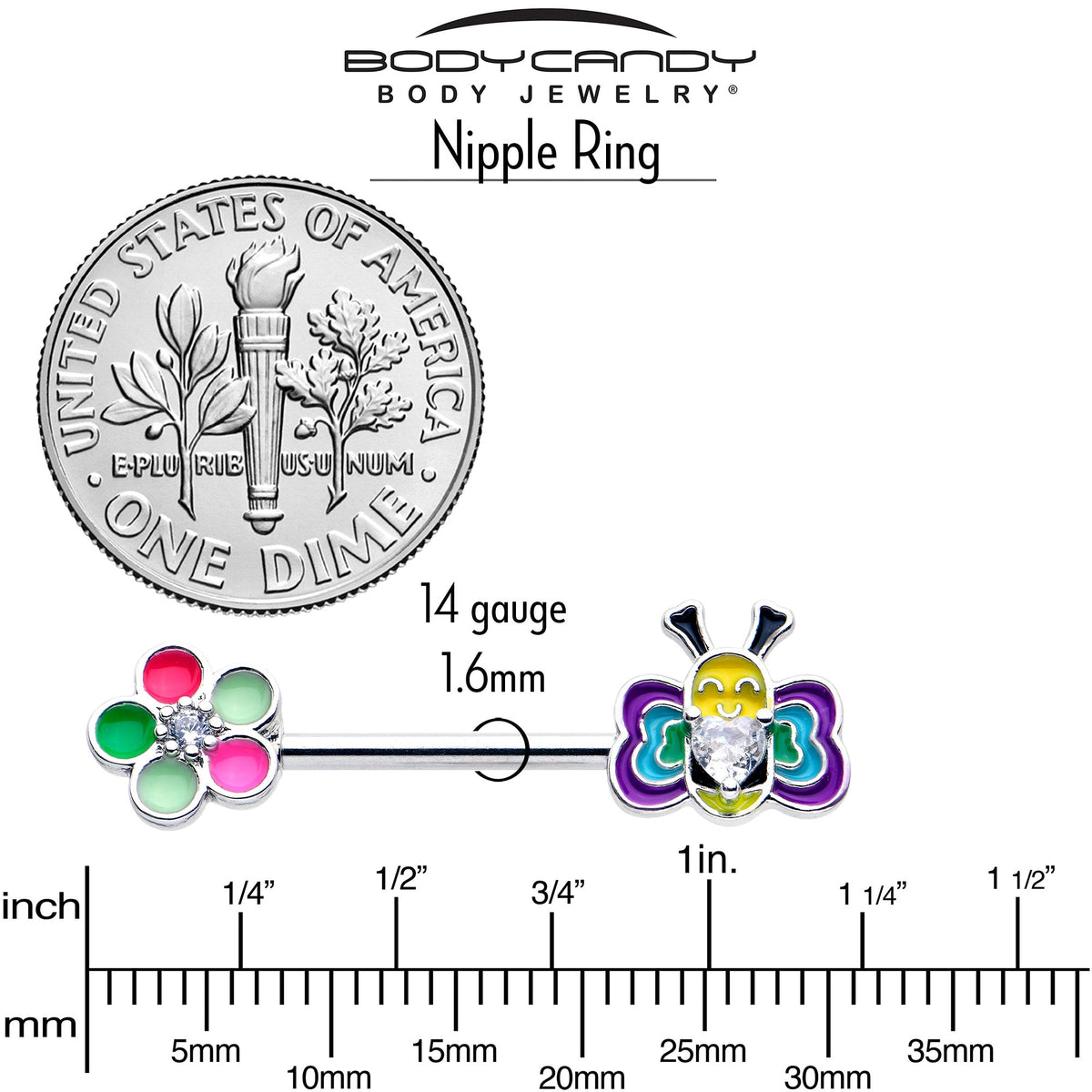 14G 9/16 Clear CZ Gem Butterfly Love Bug Barbell Nipple Ring Set