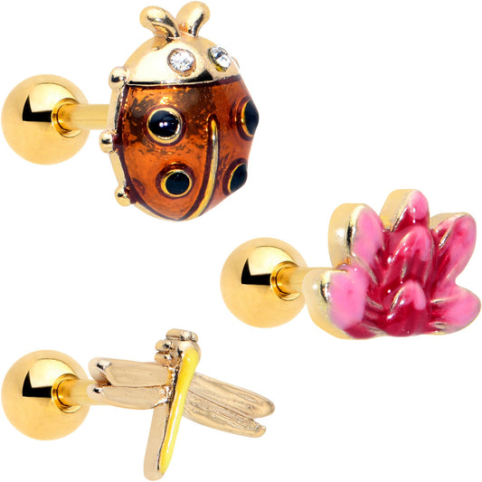16G 1/4 Clear Gem Gold Tone Ladybug Lotus Cartilage Set of 3