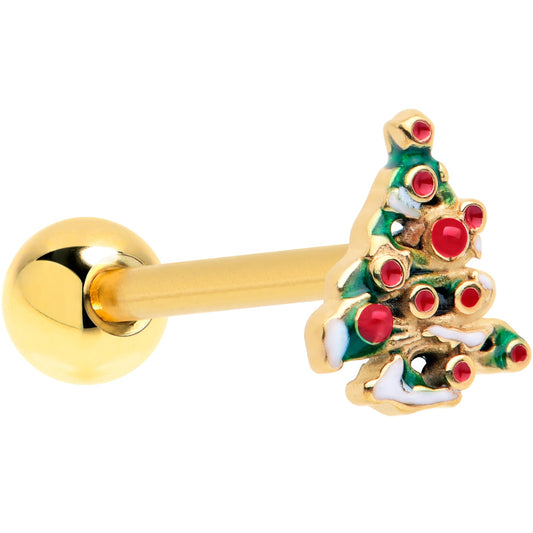 Gold Tone Snowy Christmas Tree Holiday Barbell Tongue Ring