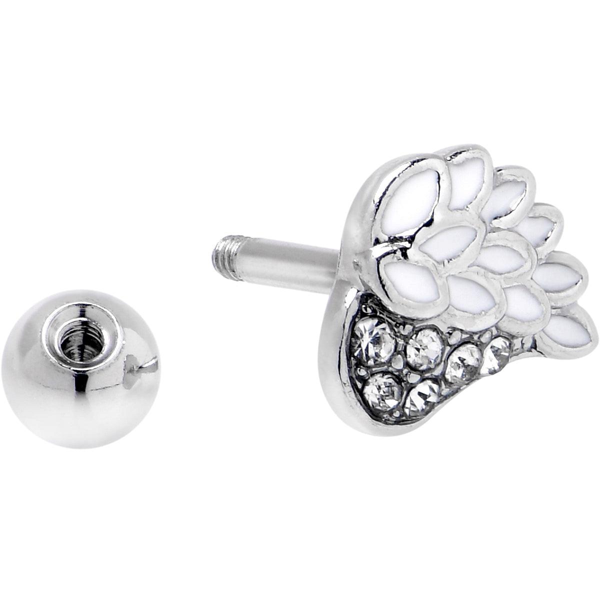 16G 1/4 Clear Gem Heavenly Heart Angel Wing White Cartilage Stud