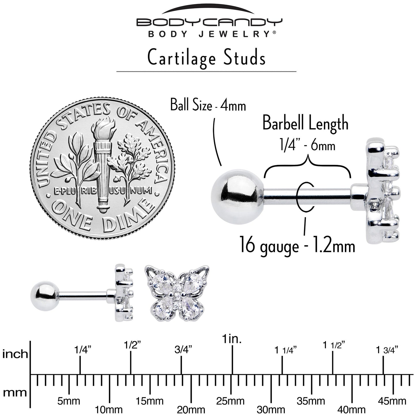16G 1/4 Clear Gem Baroque Beauty Butterfly Cartilage Tragus Earring