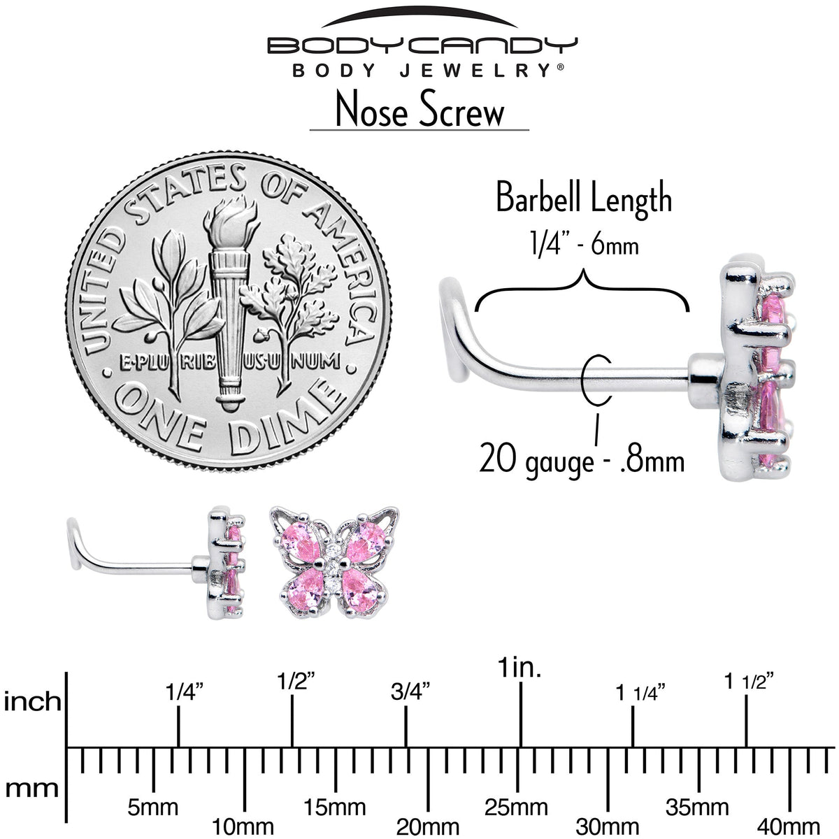 20G 7mm Pink Gem Baroque Beauty Butterfly Left Side Nose Screw