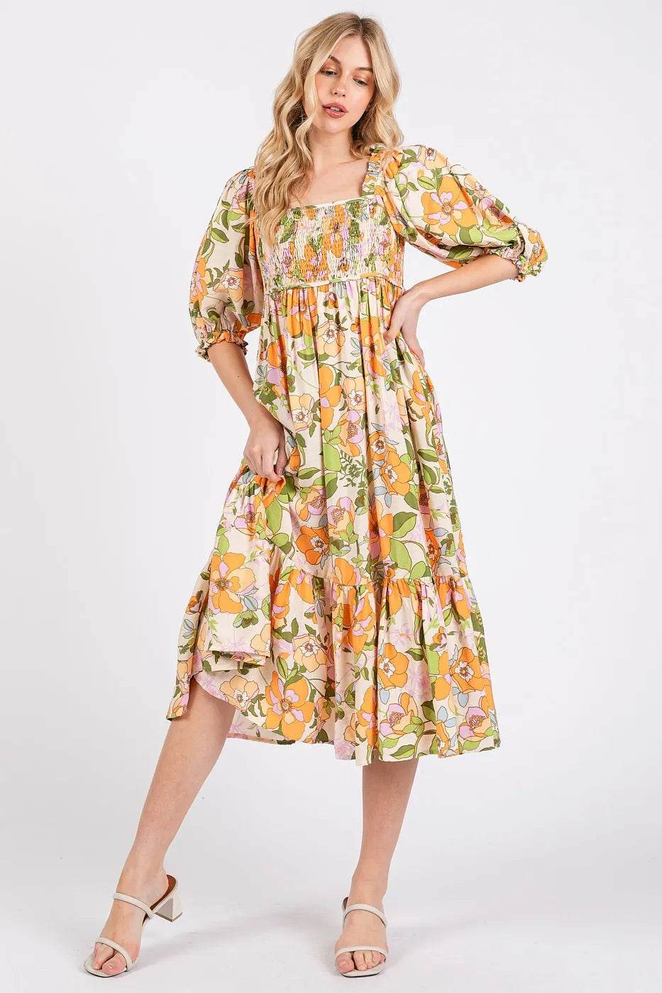 Mittoshop Flower Print Puff Sleeve Ruffle Smocked Midi Dress