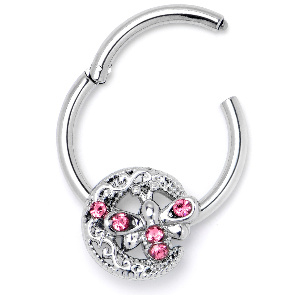 16G 3/8 Pink Gem Lunar Dragonfly Hinged Segment Ring
