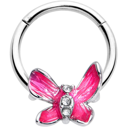 16G 3/8 Clear Gem Chunky Butterfly Pink Hinged Segment Ring