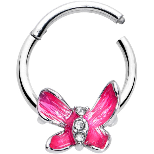 16G 3/8 Clear Gem Chunky Butterfly Pink Hinged Segment Ring