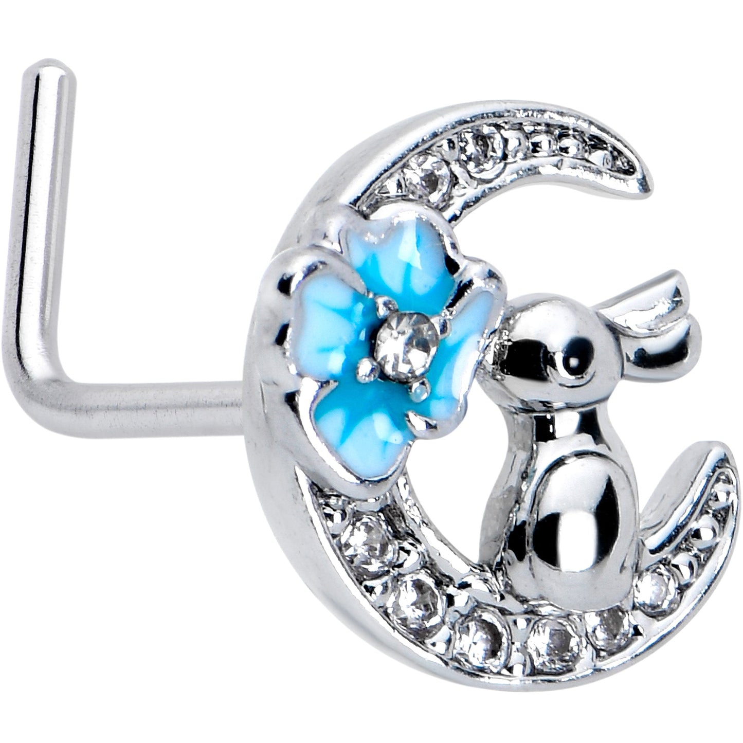 20G 7mm Clear CZ Gem Rabbit On The Moon Blue L Shape Nose Ring