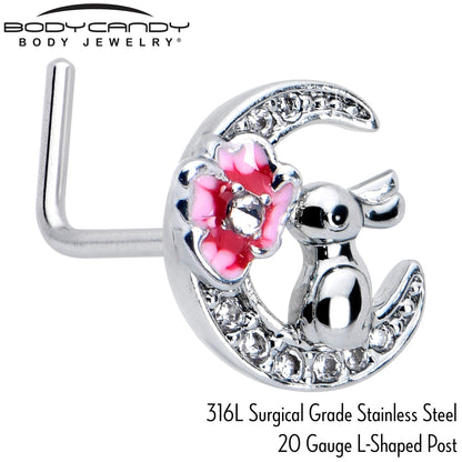 20G 7mm Clear CZ Gem Rabbit On The Moon Pink L Shape Nose Ring