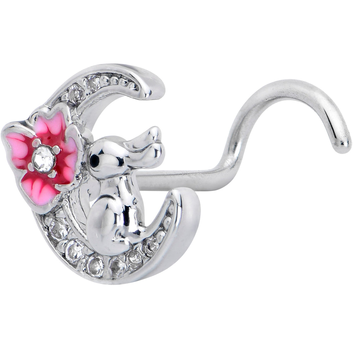 20G 7mm Clear CZ Gem Rabbit On The Moon Pink Left Side Nose Screw