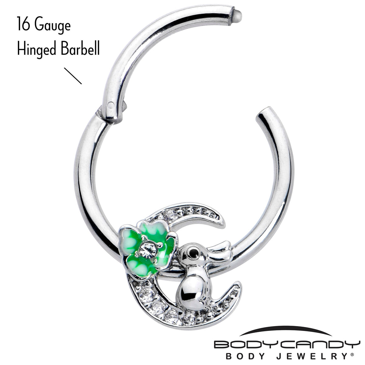 16G 3/8 Clear CZ Gem Rabbit On The Moon Green Hinged Segment Ring