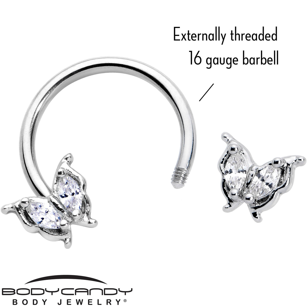 16G 3/8 Clear Gem Fancy Fab Butterfly Horseshoe Circular Barbell