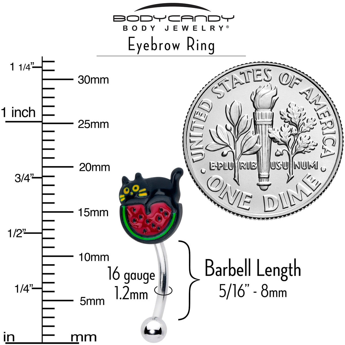 16G 5/16 Watermelon Cat Love Curved Eyebrow Ring