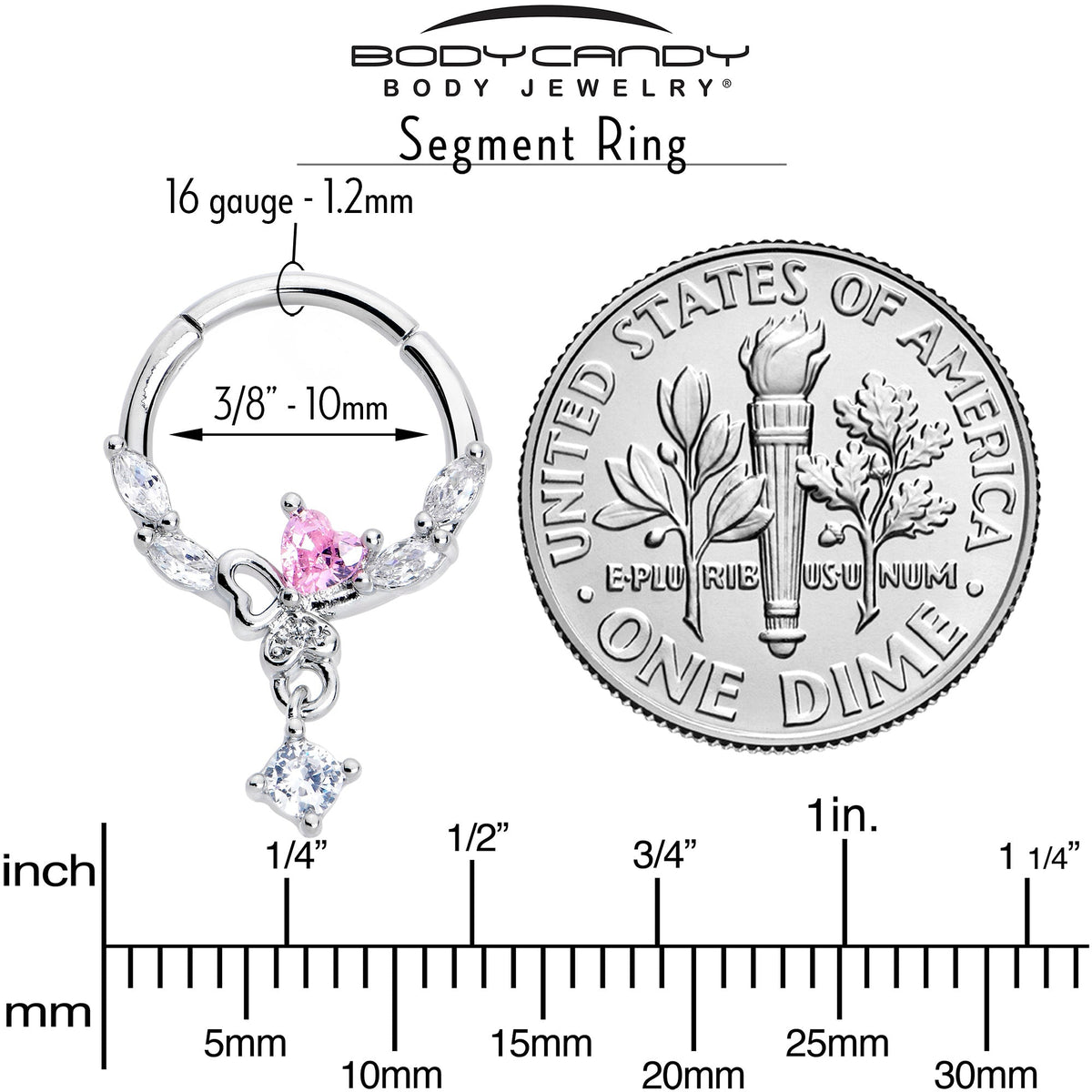 16G 3/8 Pink CZ Gem Butterfly Heart Dangle Hinged Segment Ring
