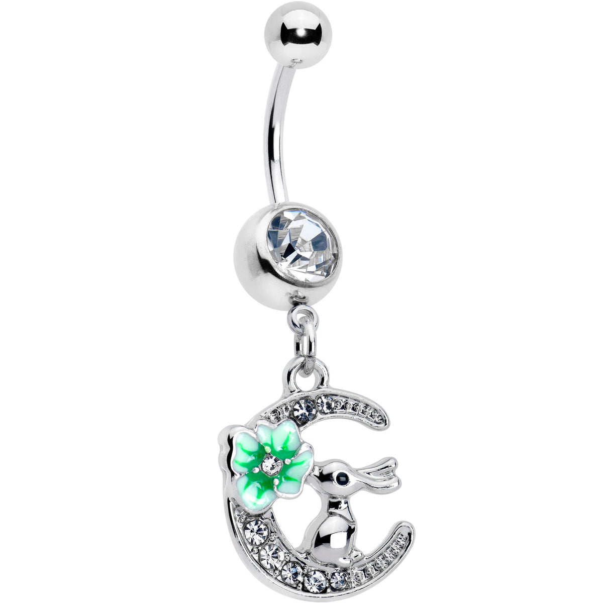 Clear Gem Rabbit On The Moon Green Dangle Belly Ring