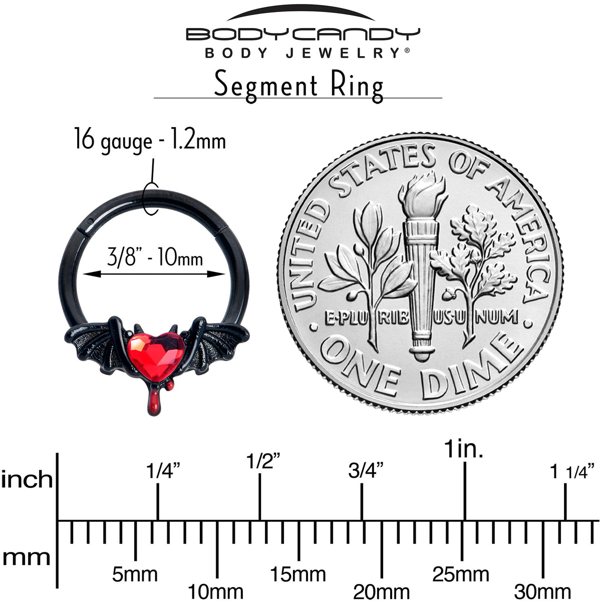 16G 3/8 Red Gem Black Bleeding Heart Bat Hinged Segment Ring