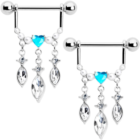 14G 9/16 Blue Gem Heart Triple Drop Dangle Nipple Ring Set