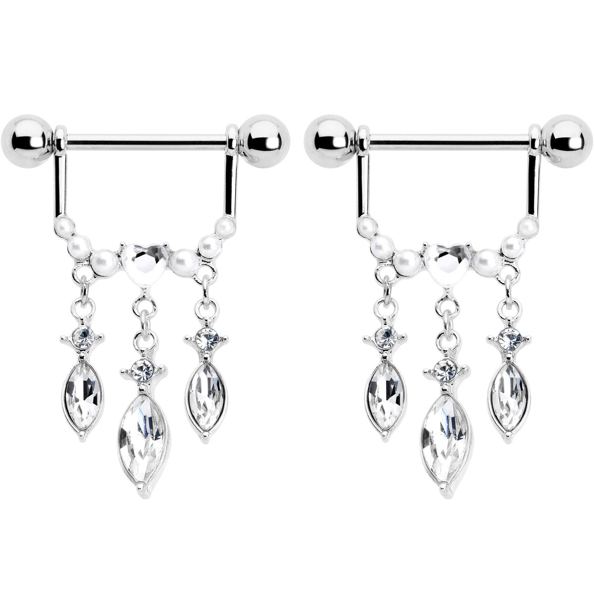 14G 9/16 Clear Gem Heart Triple Drop Dangle Nipple Ring Set
