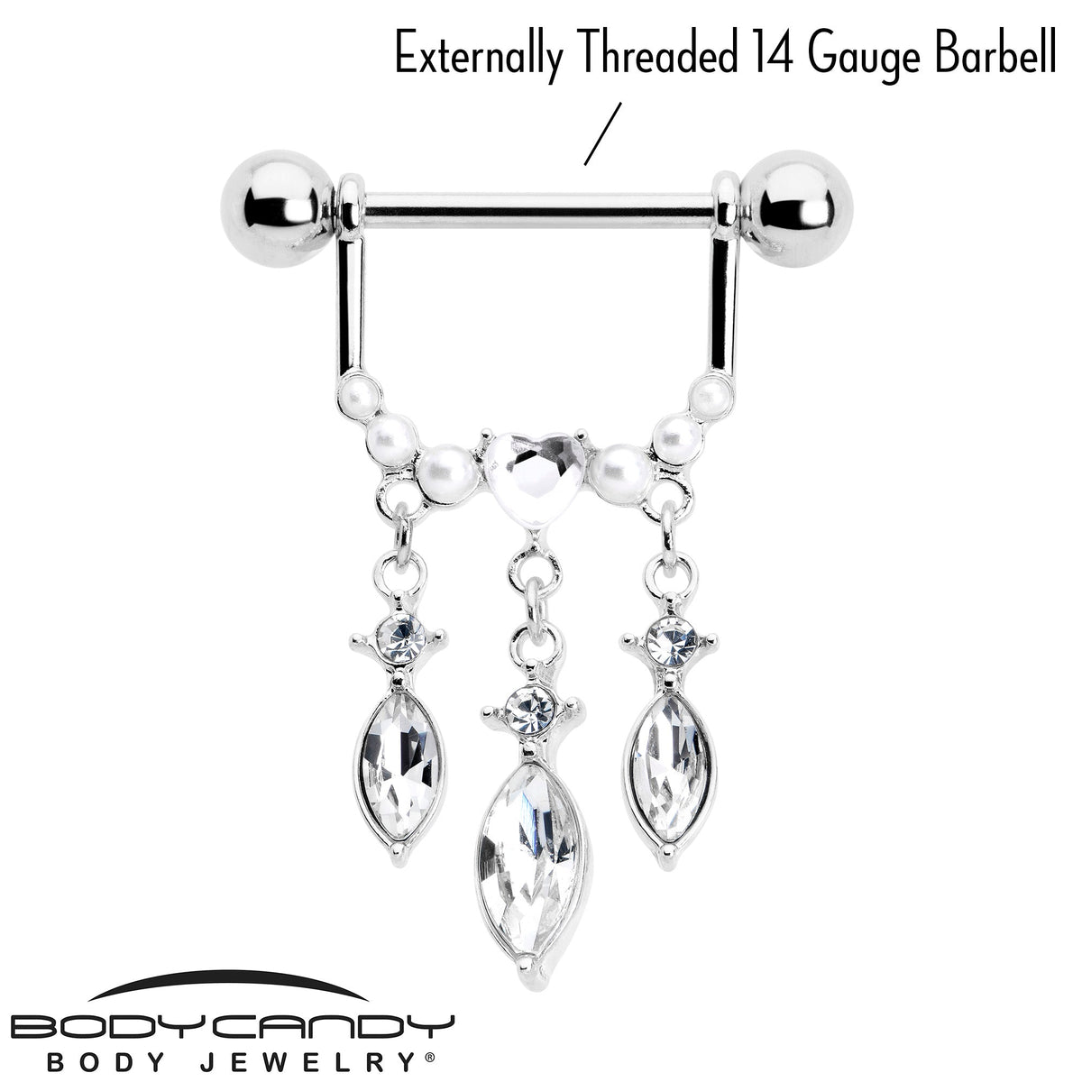 14G 9/16 Clear Gem Heart Triple Drop Dangle Nipple Ring Set