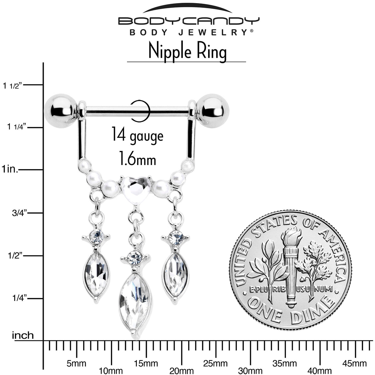 14G 9/16 Clear Gem Heart Triple Drop Dangle Nipple Ring Set