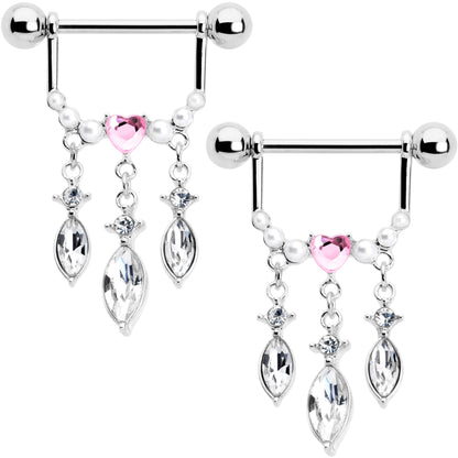 14G 9/16 Pink Gem Heart Triple Drop Dangle Nipple Ring Set