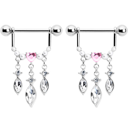 14G 9/16 Pink Gem Heart Triple Drop Dangle Nipple Ring Set