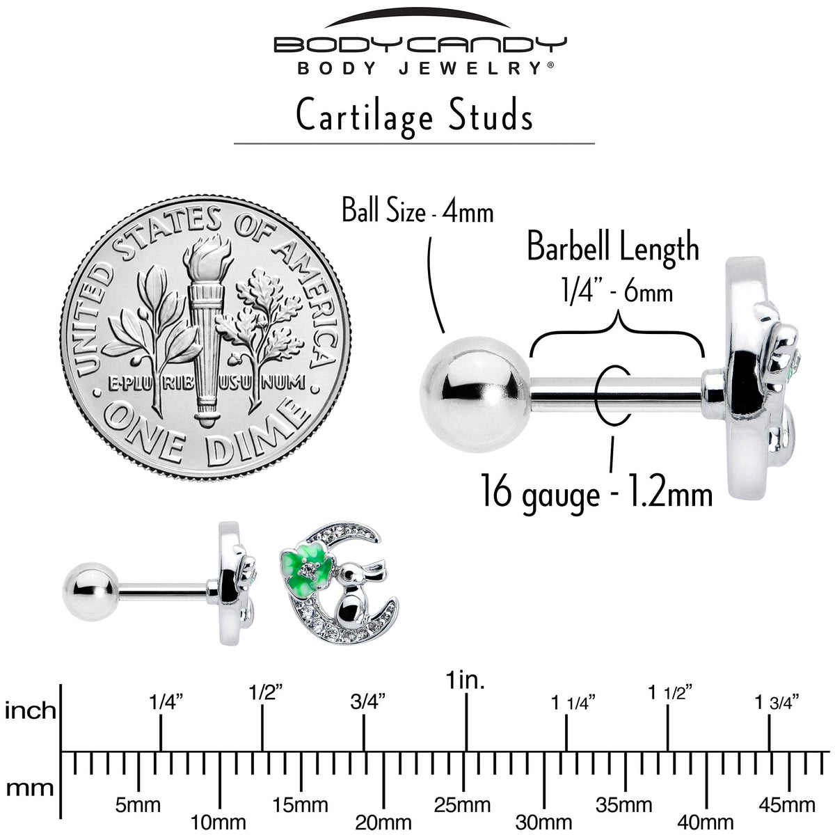 16G 1/4 Clear CZ Gem Rabbit on the Moon Green Cartilage Earring