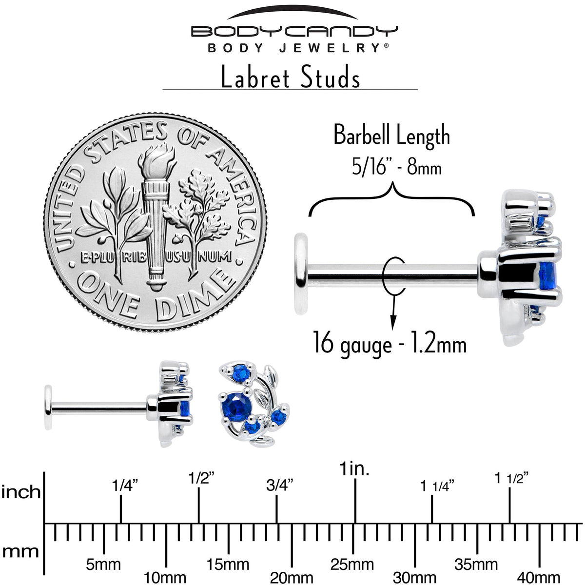 16G 5/16 Blue Gem Twining Vine Flatback Stud