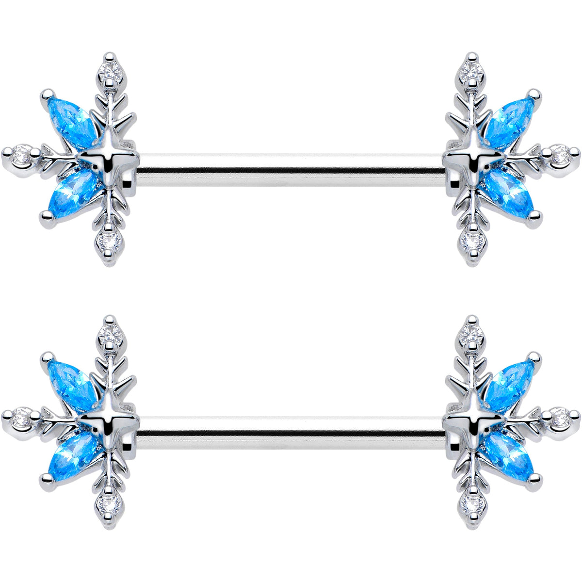 14G 9/16 Blue CZ Gem Classic Flower Barbell Nipple Ring Set