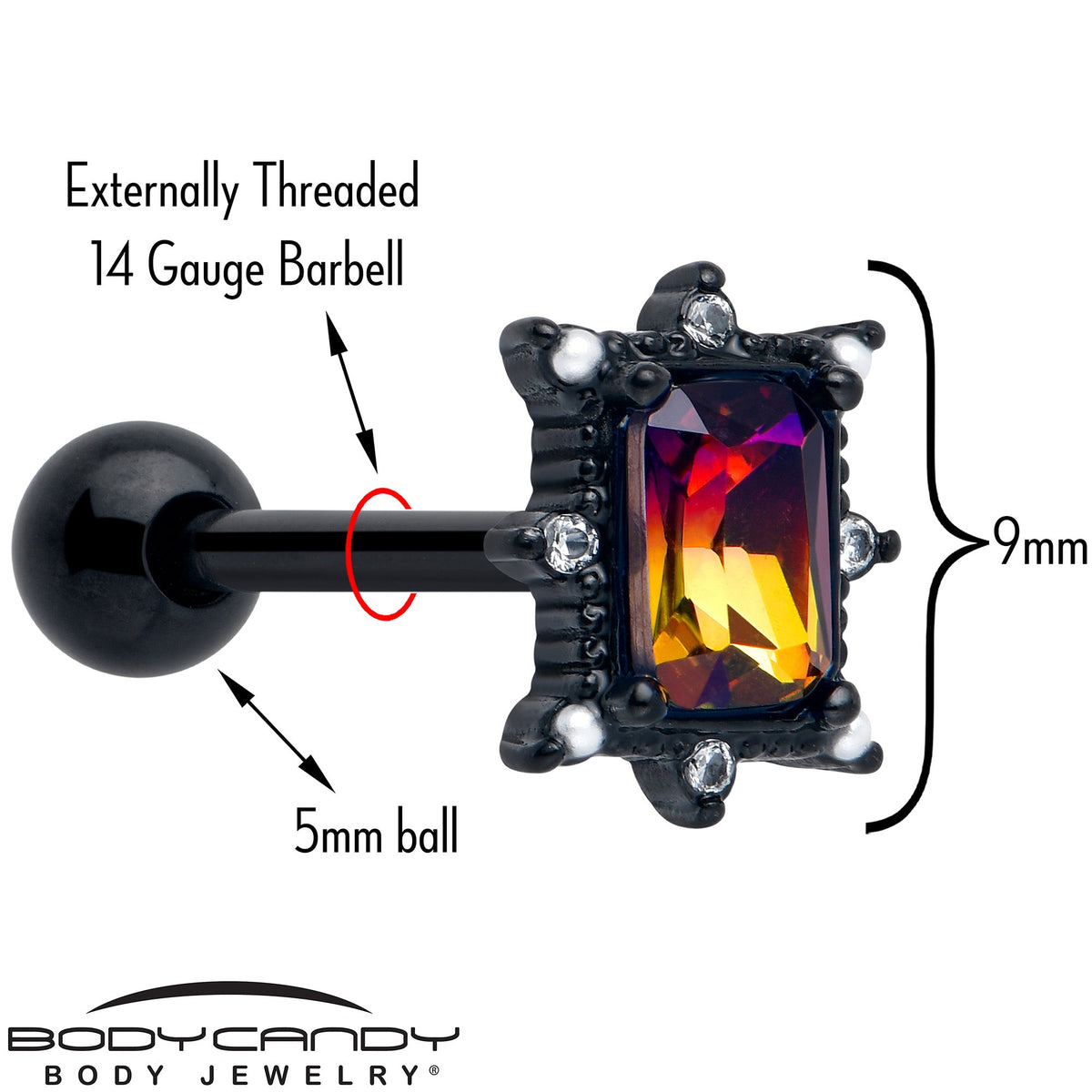 Red Tourmaline Black Star Fire Barbell Tongue Ring