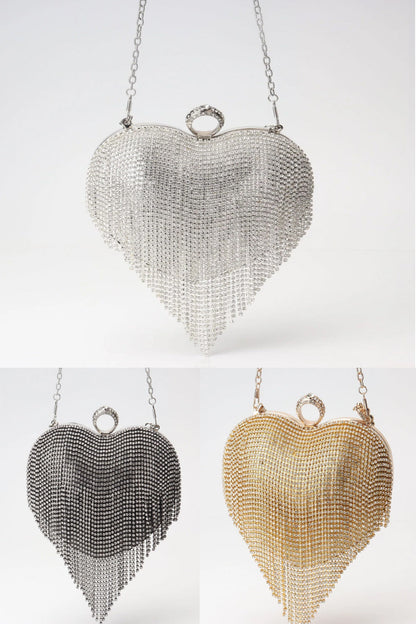 Fringed Rhinestone Bag, Birthday Party purse, Heart Shape Dinner Bag evening Clutch Purse Party, Prom Bag, Party Purse, Prom Bags Clutch, Wedding Purse Crossbody Chain