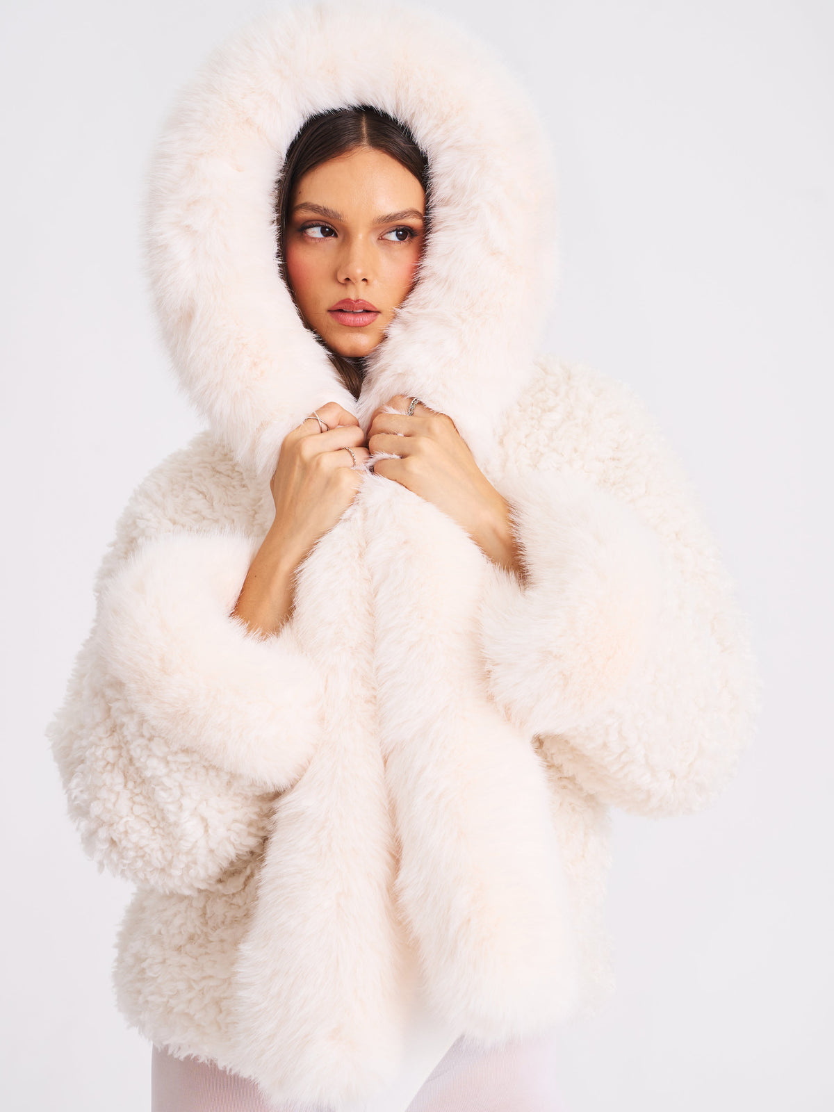 Jumbo Kali White Vegan Shearling Fur Trimmed Coat