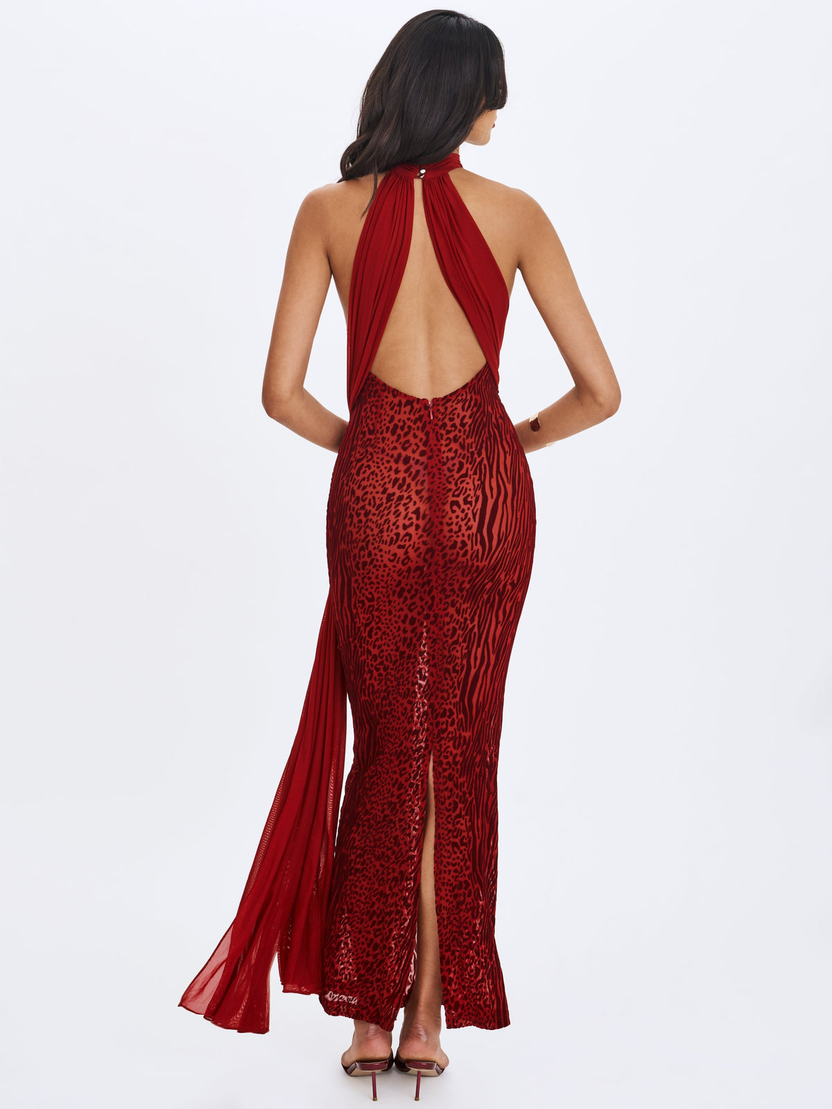 Cerise Scarlet Burnout Velvet Multiwear Mesh Ribbon Maxi Dress