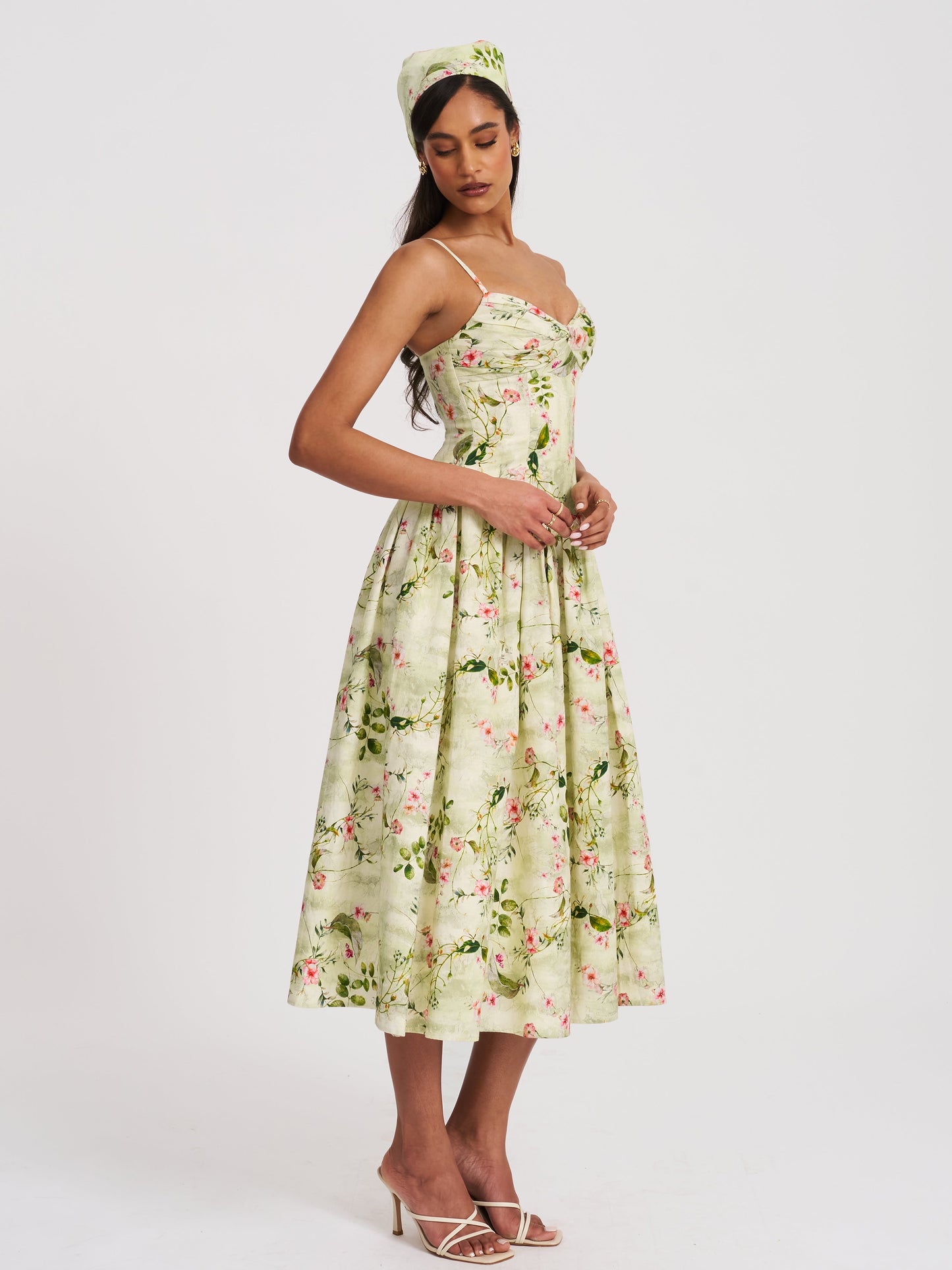Jacinda Green Floral Print Ruched Breast Linen Midi Dress
