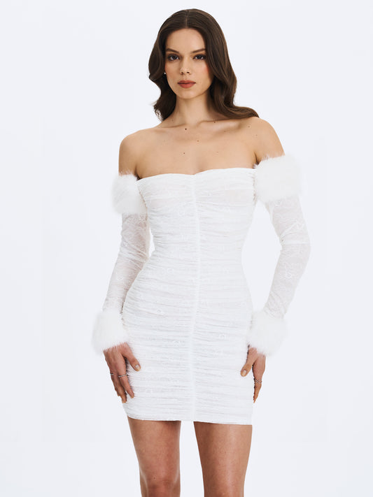 Lani White Lace Off-Shoulder Ruched Mini Dress