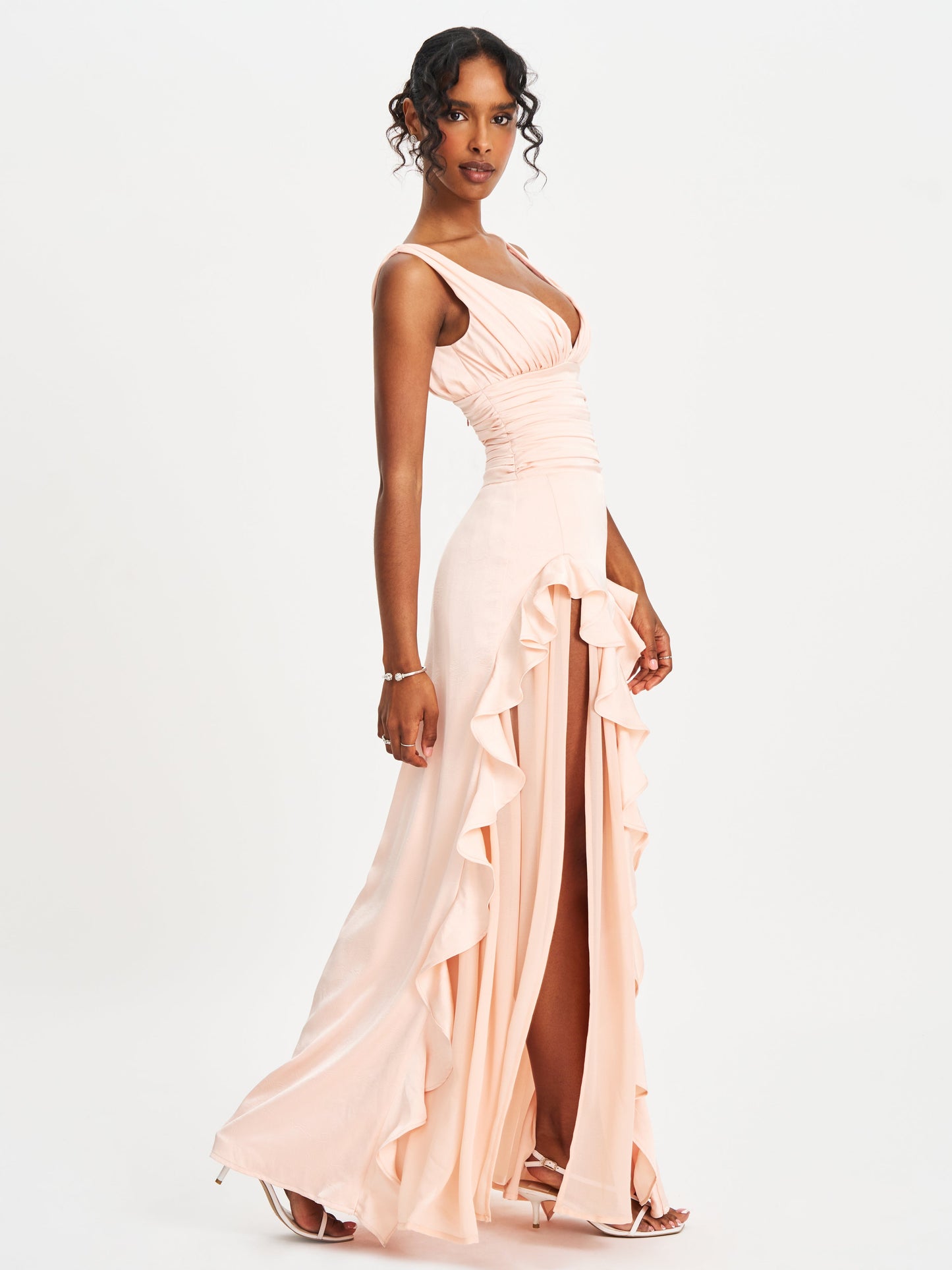 Talyssa Baby Pink Ruched Waist Double High Slit Maxi Gown (Archive Sale)