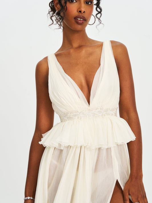 Calleigh Off White Flare Beaded Belt Maxi Gown