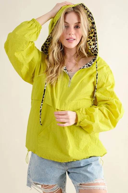 And The Why Leopard Print Hoodie Zipper Up Pocket Windbreaker