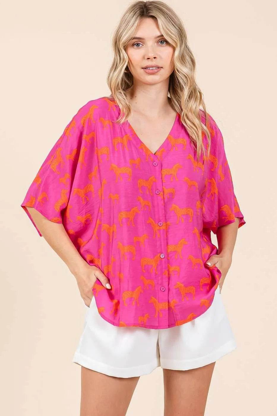 Mittoshop Zebra Print V-Neck Button Down Dolman Sleeve Top