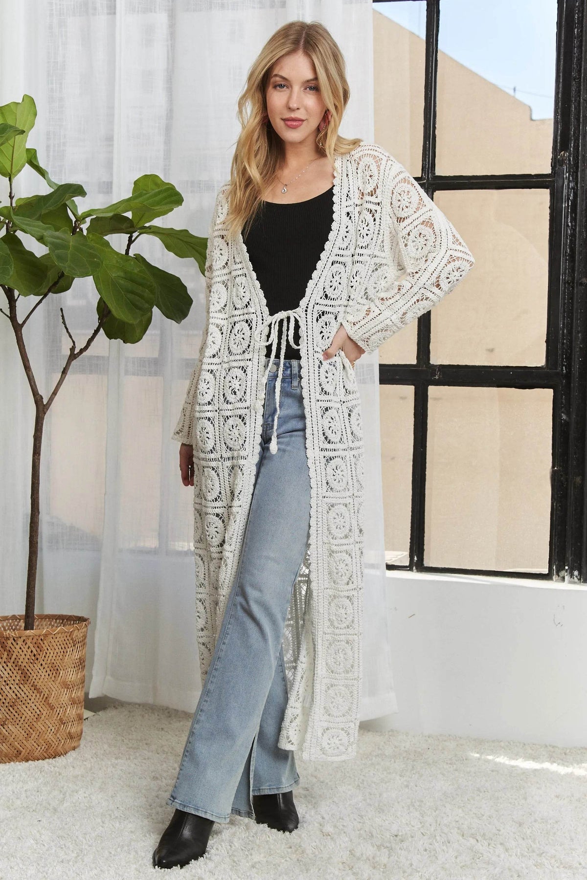 ADORA Long Sleeves Crochet Elastic Cardigan