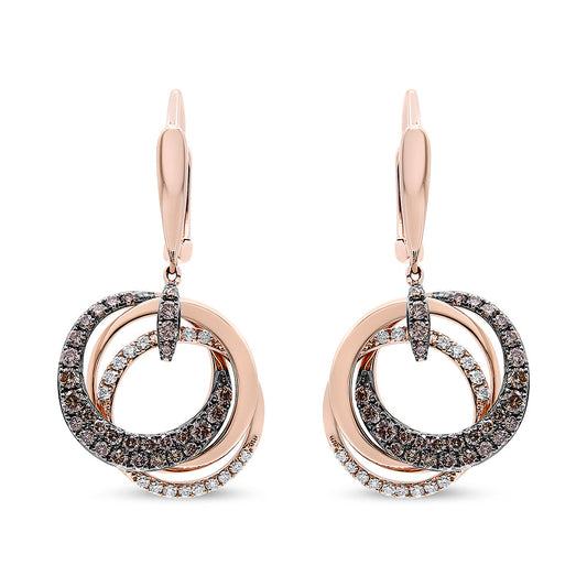 14K Rose Gold 1.00 Cttw White and Brown Diamond Intertwining Hoops and Circle Dangle Earrings (H-I/Brown Color, SI1-SI2 Clarity)