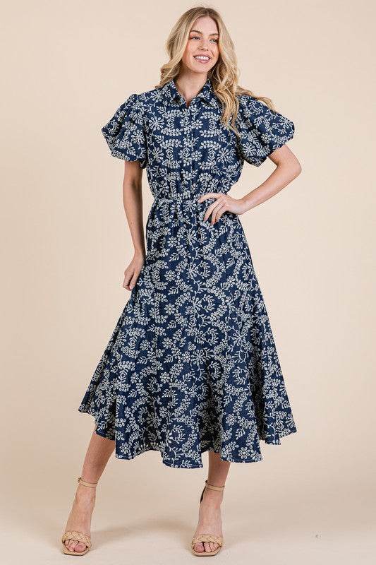 GeeGee Natural Leaf Pattern Eyelet Lace Puff Sleeve Dress