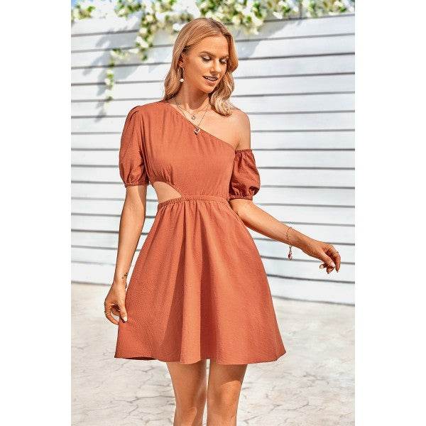 One Shoulder Puff Sleeve Fit Flare Short Dress