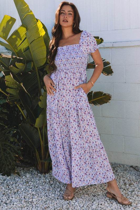 Bubble Sleeve Shirred High Waist Maxi Dress