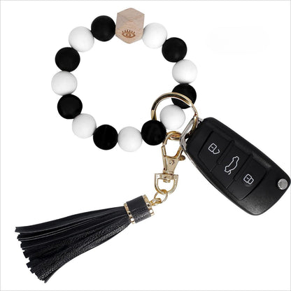 PU Tassel Keychain Bag charm Silicone Beaded Keychain Wristlet Key Ring Bracelet Cute Car Key Chain Holder for Women Girls