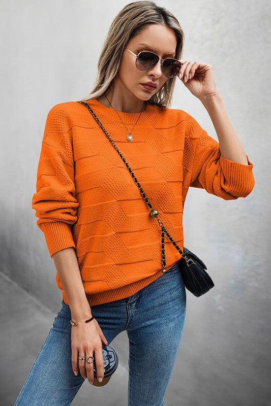 Solid Round Neck Knit Loose Long Sleeves Sweater