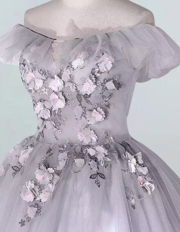 Off-Shoulder Tulle Prom Dress | Lace Floral Evening Gown for Girls
