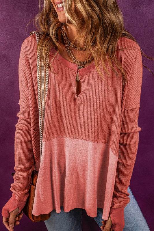 Giselle Exposed Seam Slit Neck Waffle Knit Patchwo