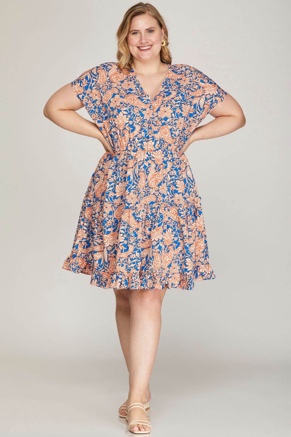 She + Sky Full Size Ruffled Hem Printed Surplice Kimono Sleeve Mini Dress Plus Size